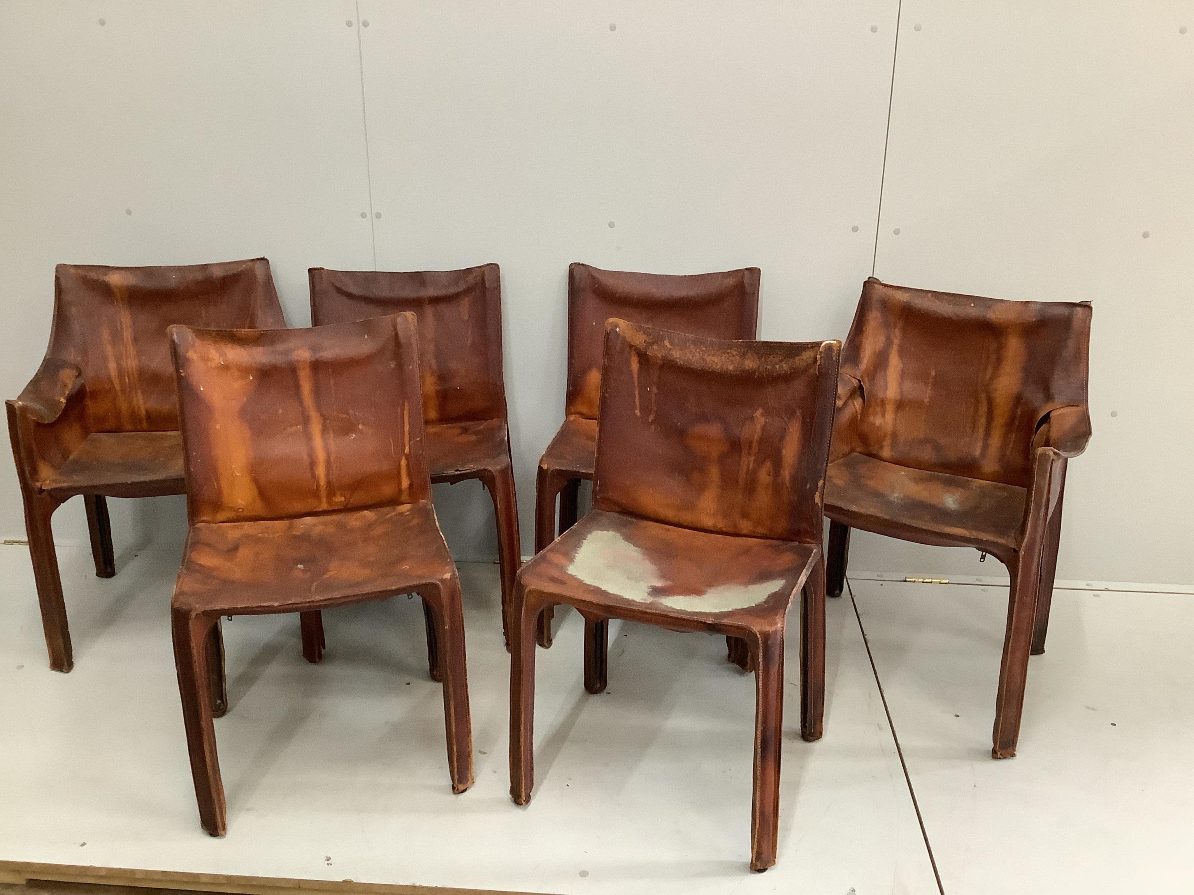 Mario Bellini, a set of six cognac leather lounge chairs, two with arms, larger width 60cm, depth 45cm, height 80cm. Condition - poor to fair